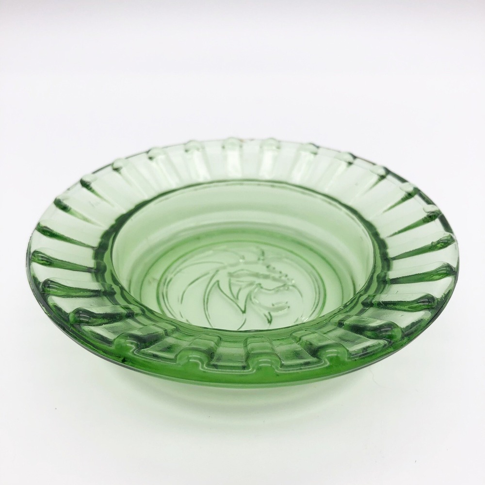 Vintage MGM GRAND Hotel & Casino Las Vegas Embossed Green Glass Round Ashtray